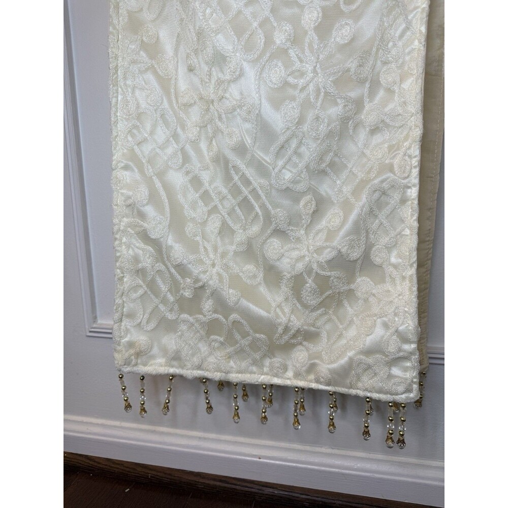 Ivory Cream Embroidered Lace Table Runner 80” x 12” Gold Crystal Bead Fringe
